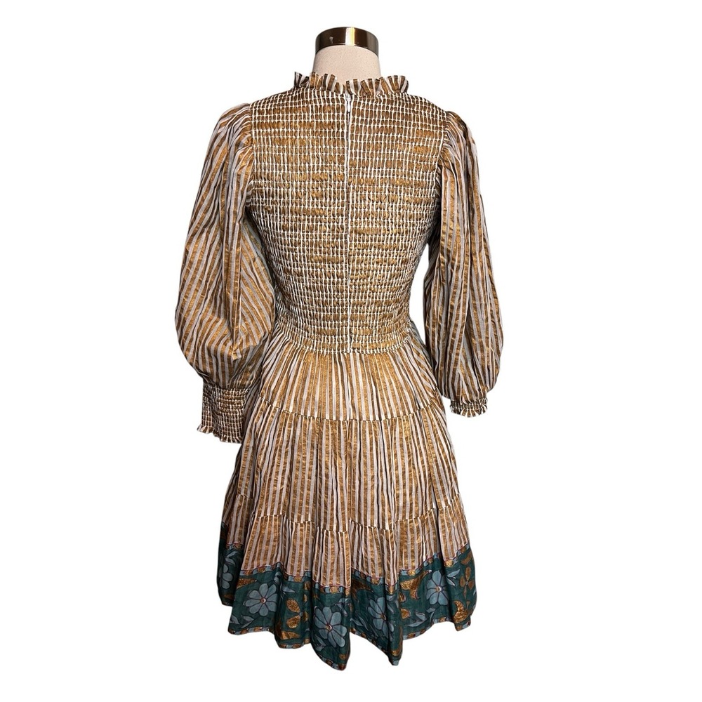 OLIPHANT Dress S Smocked High Neck Mini Gold Striped Block Print Balloon Sleeve - Picture 3 of 8